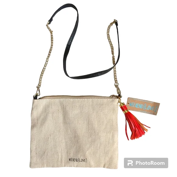 Weekend [Love] Crossbody Bag Love & Lipstick Makeup Clutch Tan Black & Red - Picture 9 of 10